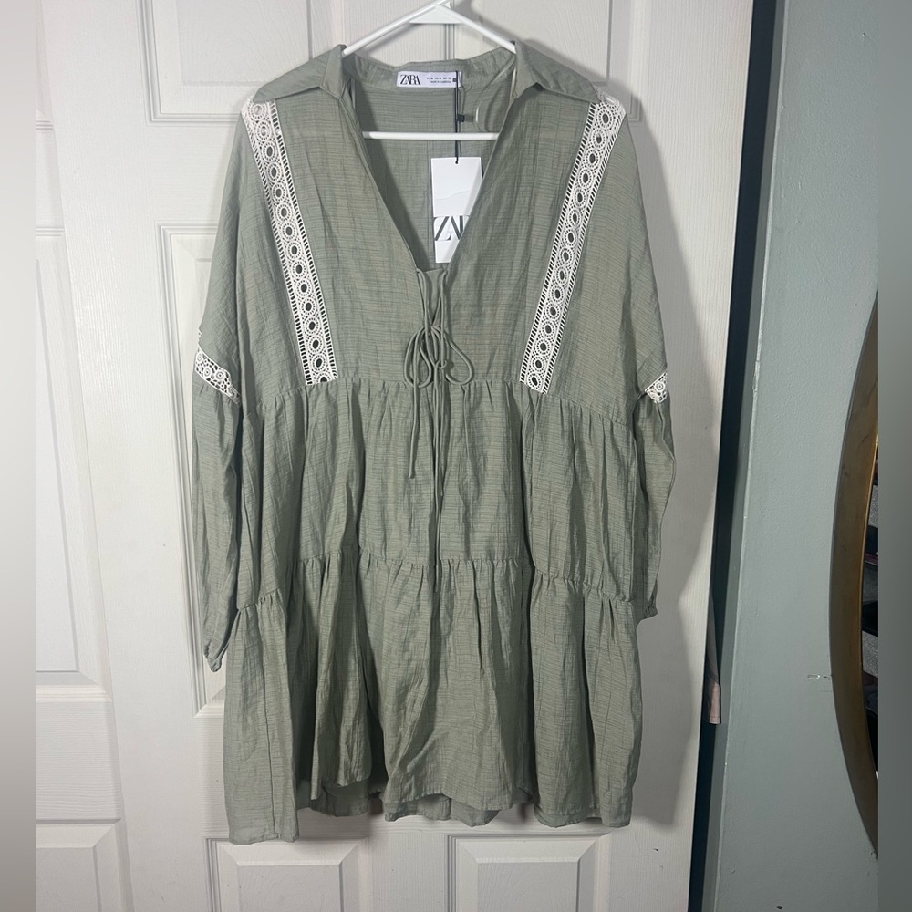 Zara Sage Green Dress with Crochet Accents, lined
